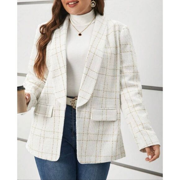Woman’s SHEIN SZ L White Gold Frenchy Plaid Shawl Collar Open Front Blazer - Picture 8 of 8